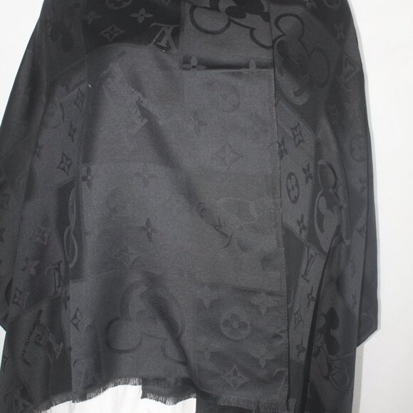 Louis Vuitton Stole Shawl Wrap 100% Silk Black Used - Picture 2 of 8